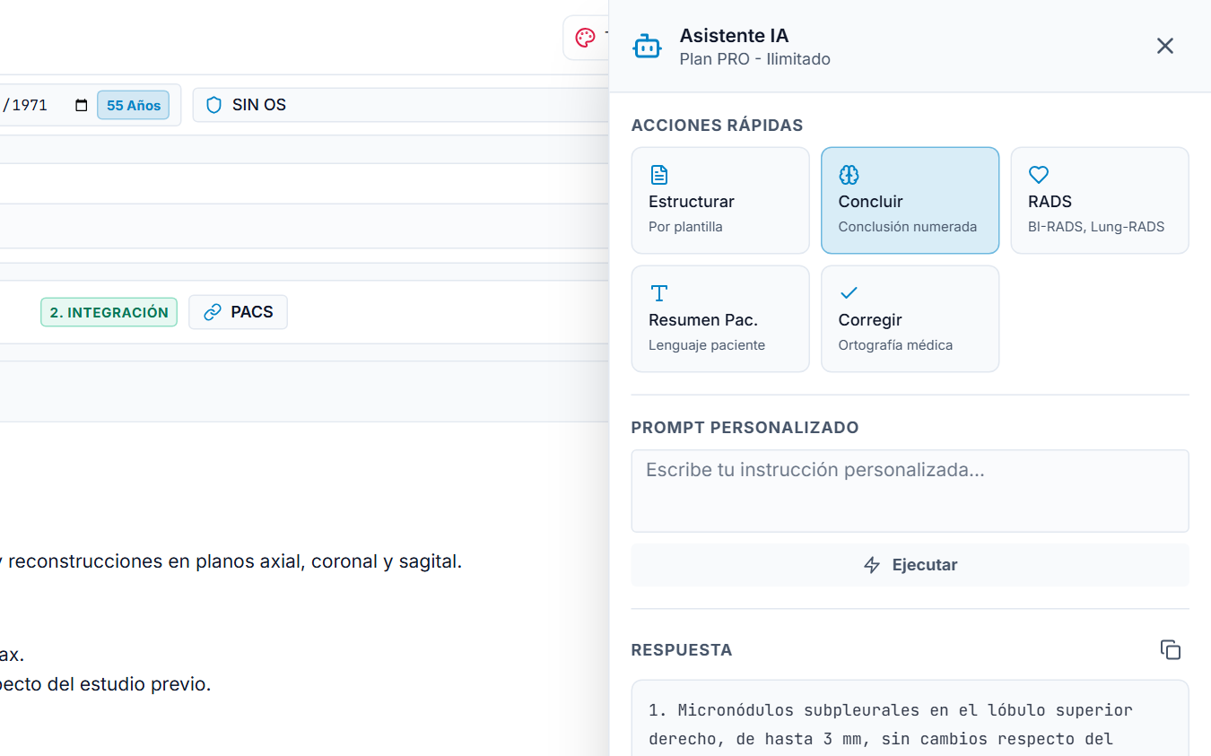 Asistente de IA de DxStudio mostrando una conclusión numerada para un informe de tórax