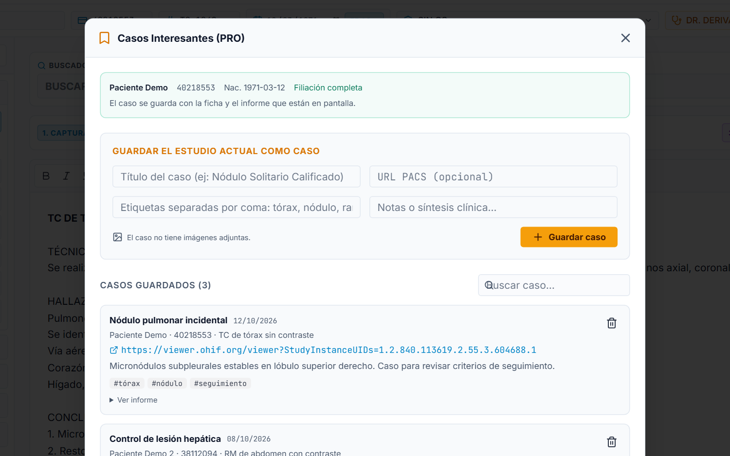 Modal de casos interesantes de DxStudio con tres casos de prueba y etiquetas