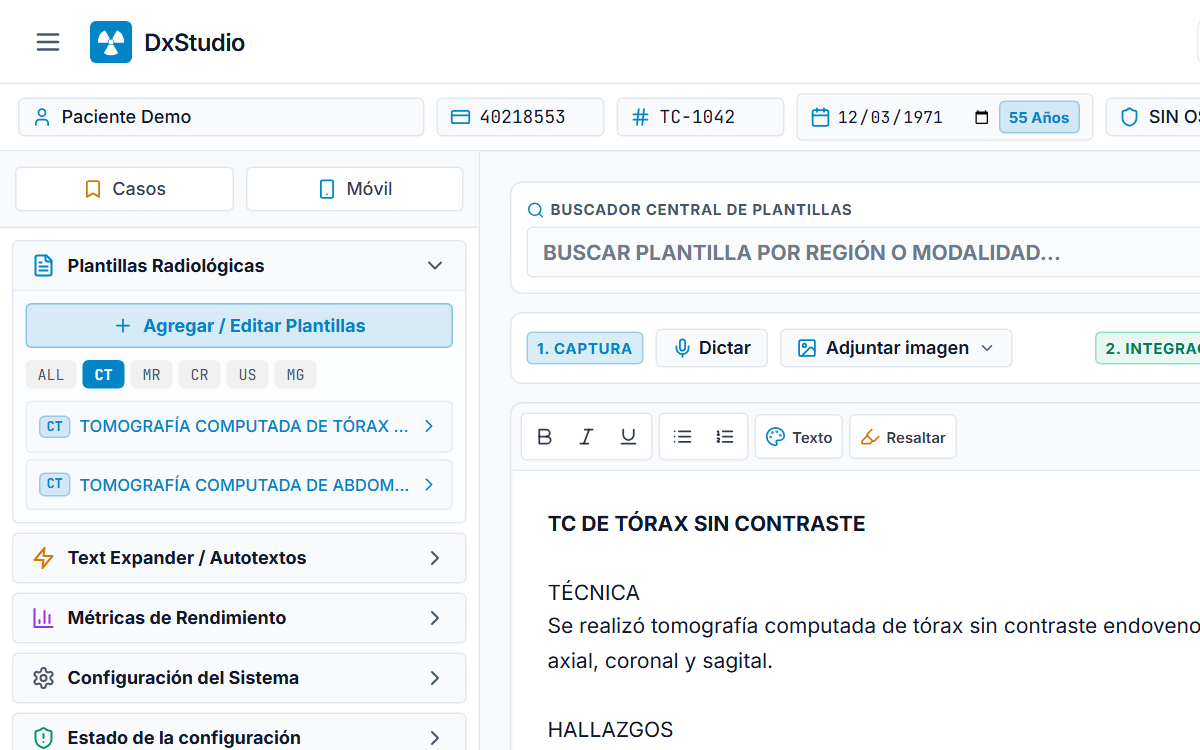 Panel de plantillas radiológicas de DxStudio filtrado por tomografía